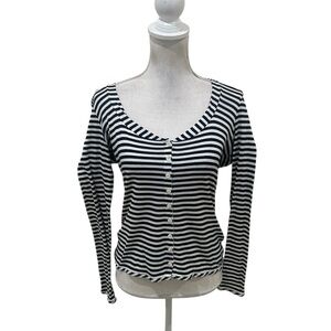 Burberry London navy White Striped Button Down scoop neck long sleeve tee medium
